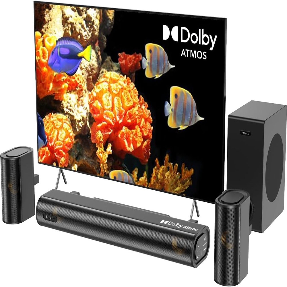 Hiwill 4.1ch Sound Bar with Dolby Atmos, 300W Sound Bar for Smart TV with Subwoofer, 2 Front Surround Speakers, Soundbar for TV Speaker, Adjustable Bass, Surround Sound System for TV, HiElite A41