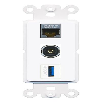 RiteAV 1 Port CAT7 TOSLINK USB-3 Coupler Jack Insert Rocker Module Female-Female for Decorative Wall Cover Face Plate [White]