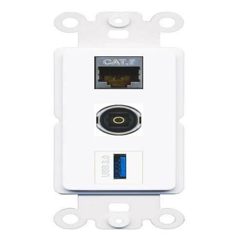 RiteAV 1 Port CAT7 TOSLINK USB-3 Coupler Jack Insert Rocker Module Female-Female for Decorative Wall Cover Face Plate [White]