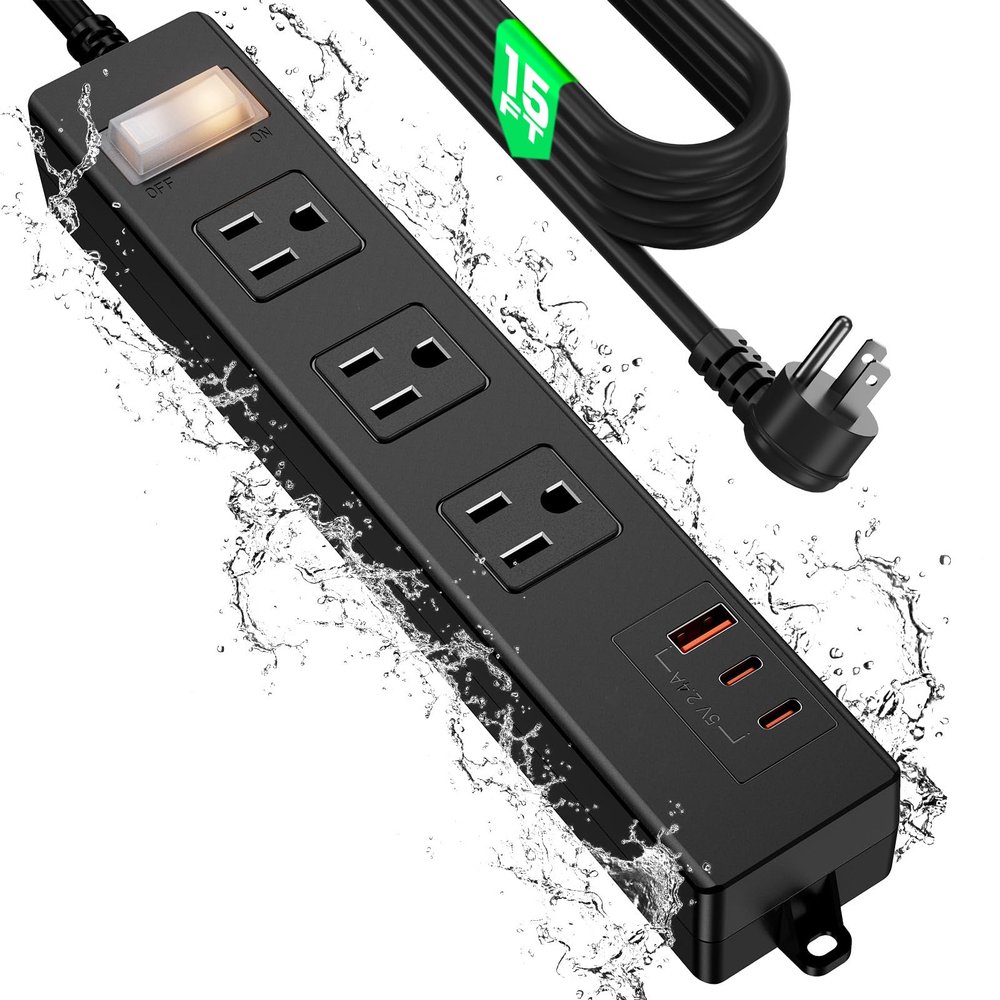 15FT Outdoor Waterproof Power Strip Surge Protector with 3AC Outlets 2 USB-C 1 USB-A Power Switch Safety Lock, ETL Certified for Patio Garden Charging
