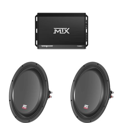 MTX Terminator 500-Watt RMS 2 Mono Block Class D Amplifier and Two MTX Audio 3512-04S 35-Series 12" 300W RMS 4-Ohm Shallow Mount Subwoofer