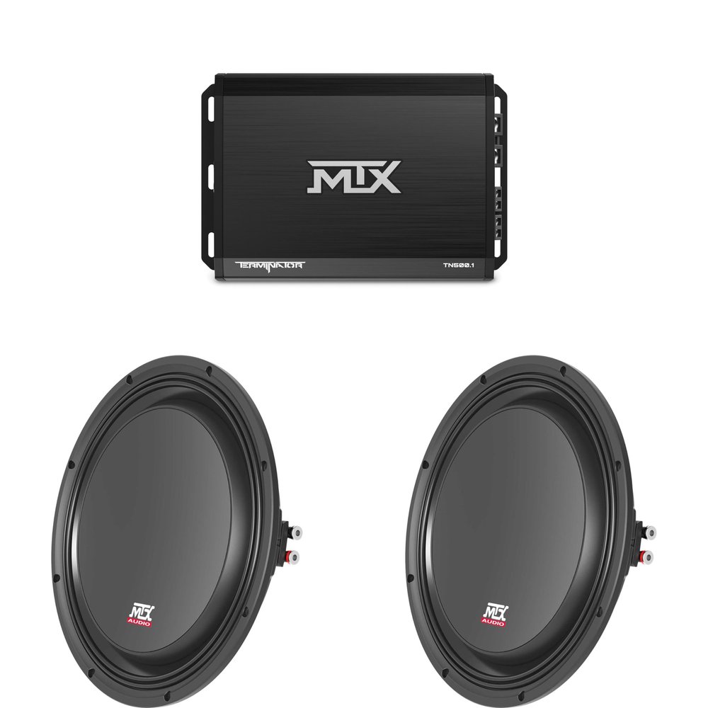 MTX Terminator 500-Watt RMS 2 Mono Block Class D Amplifier and Two MTX Audio 3512-04S 35-Series 12" 300W RMS 4-Ohm Shallow Mount Subwoofer