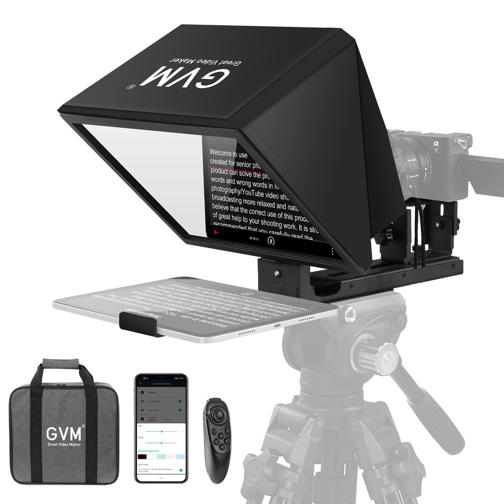 GVM 12" Teleprompter for iPad Tablet Phone DSLR Camera, Collapsible Teleprompter Kit with Installation Free Design, HD Refective Display, APP Remote Control, Carry Case, for Video Recording