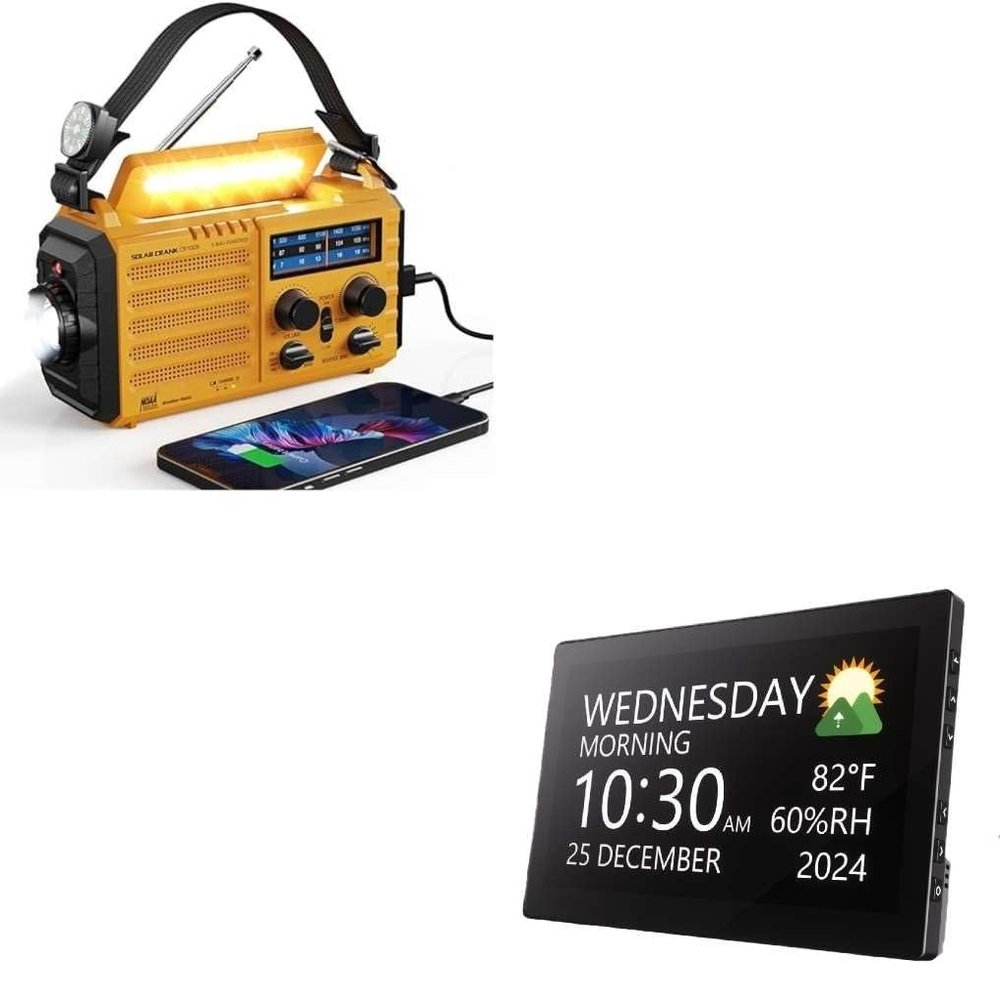 Raynic Weather Radio, 5000mAh/18500mWh NOAA Weather Radio, Solar Hand Crank Emergency Radio and Digital Clock,10.1 Inch Large Display Calendar Clock with 12 Themes, 20 Alarms, 20 Reminders