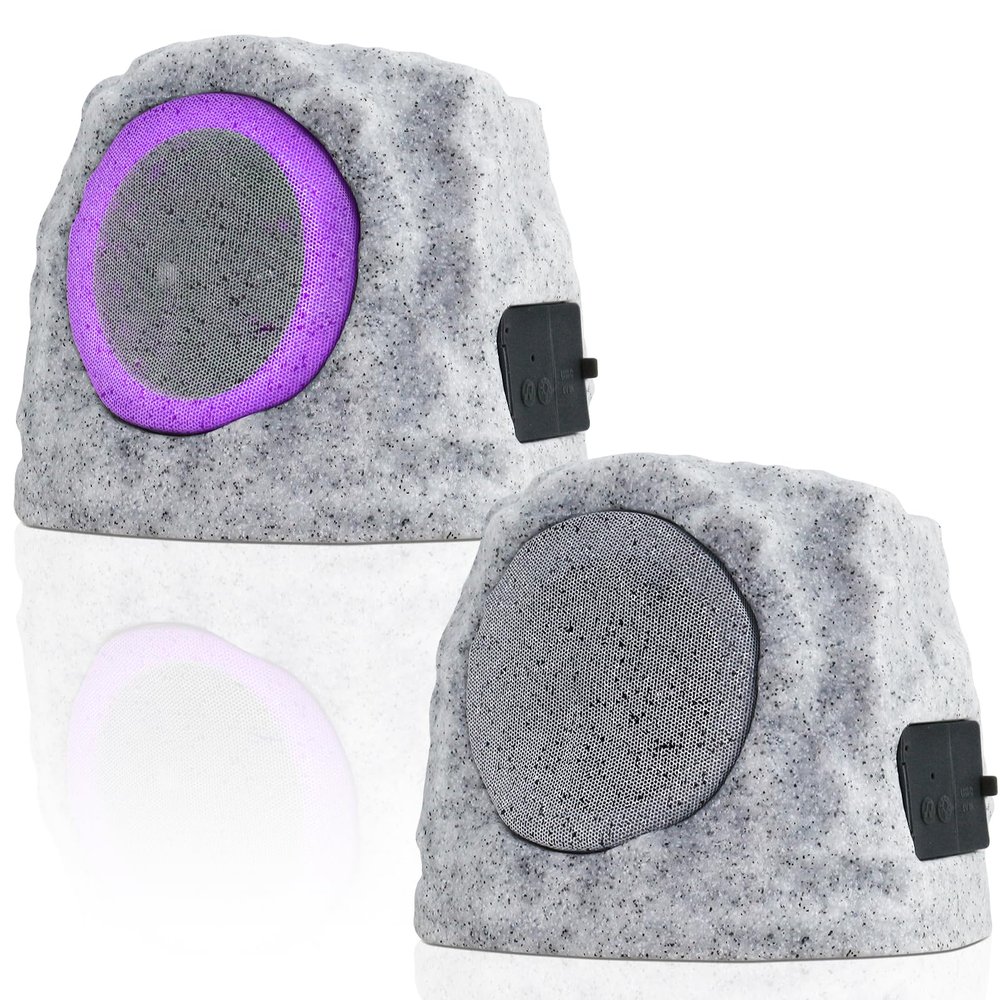 GGII 2-Pack Solar Powered Rock Speakers Outdoor Water-Resistant with 3 Mode Lights and Pair Function USB Rechargeable for Patio Garden Party Pool Outside(Two A)