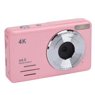 4K Digital Camera, 64MP Portable CCD Card Camera with 18x Zoom, Multiple Filters, Autofocus, Loop Recording, Slow Motion for Teens Adult Beginner (Pink)