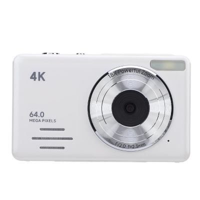 4K Digital Camera, 64MP Portable CCD Card Camera with 18x Zoom, Multiple Filters, Autofocus, Loop Recording, Slow Motion for Teens Adult Beginner (White)