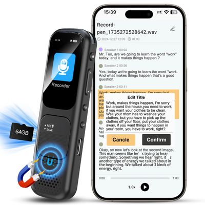 64GB (4680 Hours) Digital Voice Recorder with APP Control, 3072kbps Mini Audio Recorder with Transcribe, DSP Noise Reduction, Voice-Activated Recording Device with Password for Lecture, Meeting,Black