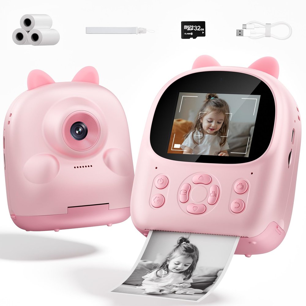 Instant Print Camera Gifts for Smart Kids, Kids Camera for 2026 Near Year Birthday Gifts for Girls Boys Age 1-17 years old, Digital Toddler Cameras for Cool Potable Travel Toy with 3 Rolls Paper, Pink