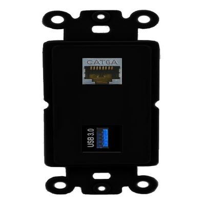 RiteAV 1 Port CAT6A USB-3 Coupler Jack Insert Rocker Module Female-Female for Decorative Wall Cover Face Plate [Black]