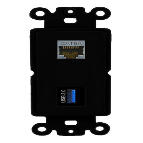 RiteAV 1 Port CAT6A USB-3 Coupler Jack Insert Rocker Module Female-Female for Decorative Wall Cover Face Plate [Black]