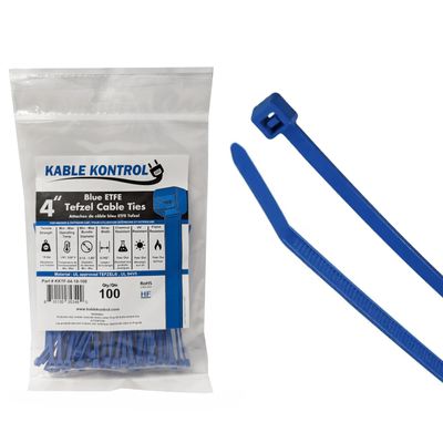 Kable Kontrol Tefzel Cable Ties ETFE, 4 Inch 100 Pcs, 18 Lbs Tensile Strength, High Temp Zip Ties UV, Chemical Resistant, Non-Corrosive, Ideal for Hot, Cold, and Industrial Applications  Blue