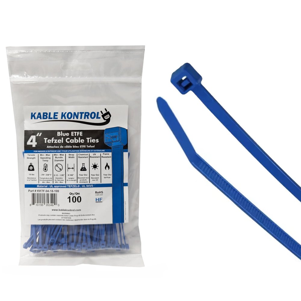Kable Kontrol Tefzel Cable Ties ETFE, 4 Inch 100 Pcs, 18 Lbs Tensile Strength, High Temp Zip Ties UV, Chemical Resistant, Non-Corrosive, Ideal for Hot, Cold, and Industrial Applications  Blue