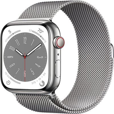 Apple Watch Series 8 [GPS + Cellular, 45mm] - Silver Stainless Steel Case with Silver Milanese Loop, One Size (Renewed)