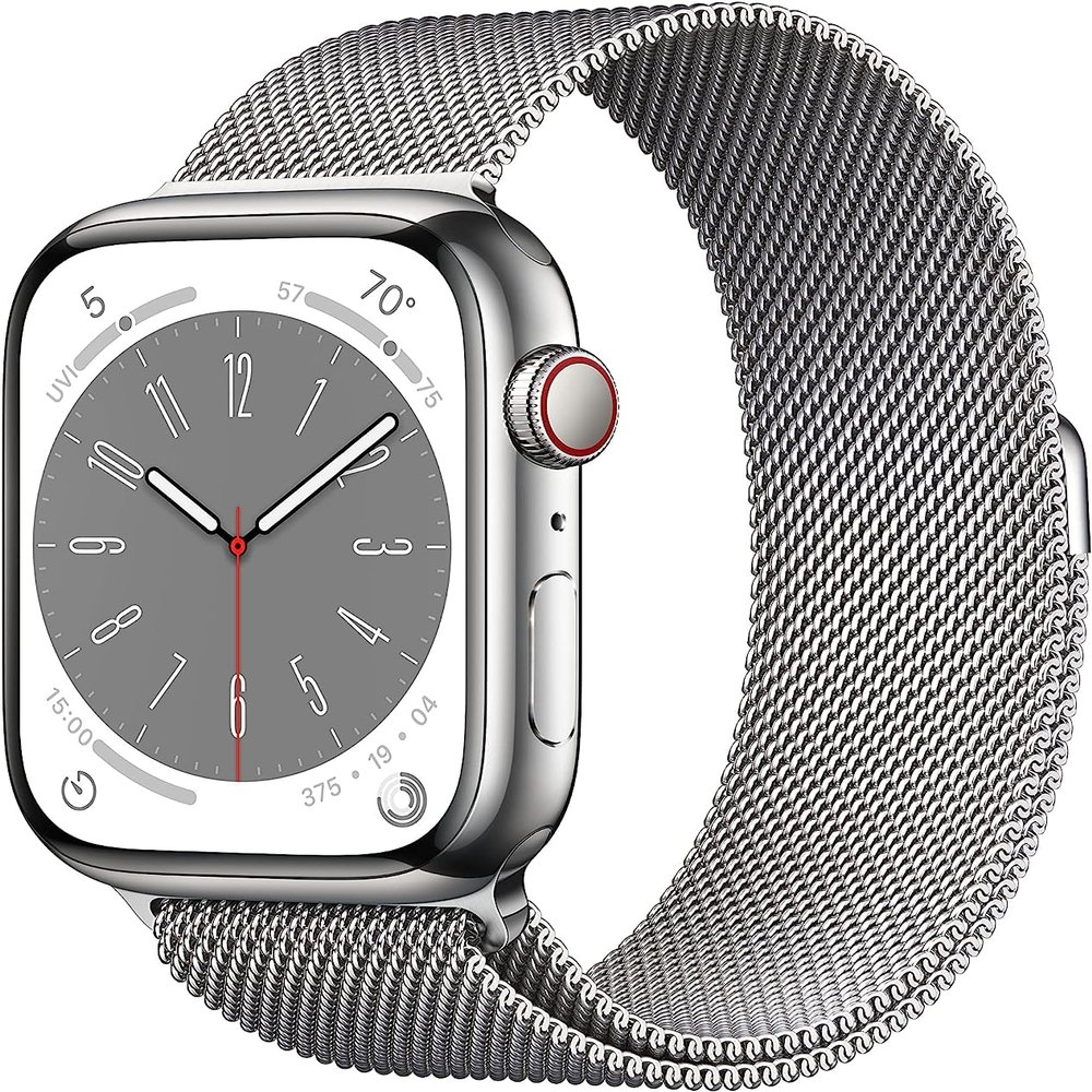Apple Watch Series 8 [GPS + Cellular, 45mm] - Silver Stainless Steel Case with Silver Milanese Loop, One Size (Renewed)