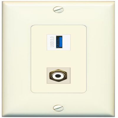 RiteAV 1 Port RCA-White 1 USB-3 Jack Coupler Female-Female Decorative Wall Plate [Light-Almond]