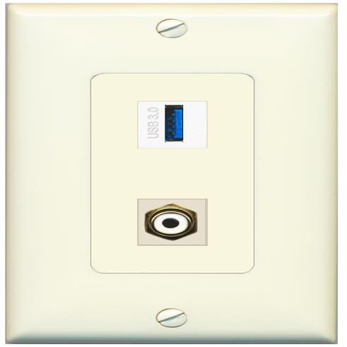 RiteAV 1 Port RCA-White 1 USB-3 Jack Coupler Female-Female Decorative Wall Plate [Light-Almond]