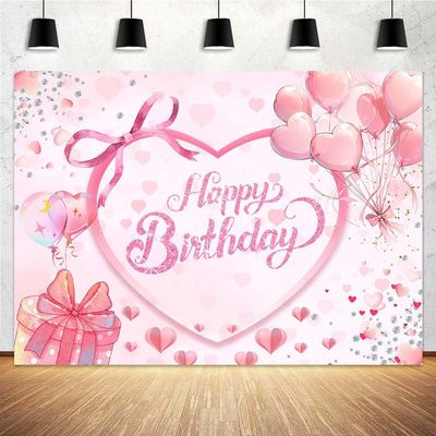 7 x 5 ft Pink Bow Happy Birthday Backdrop Bowknot Heart Birthday Photography Background for Girls Women Teens Party Decorations Banner Photo Booth Props Supplies