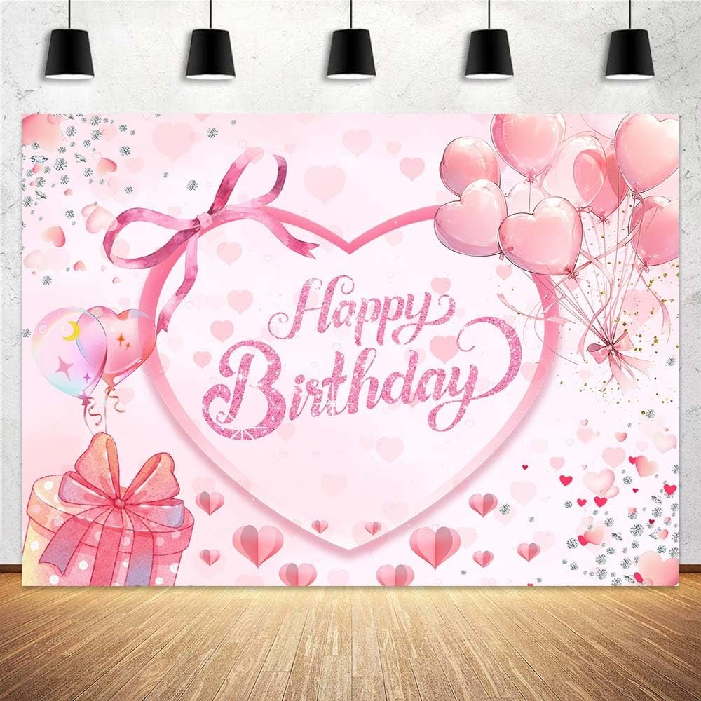 7 x 5 ft Pink Bow Happy Birthday Backdrop Bowknot Heart Birthday Photography Background for Girls Women Teens Party Decorations Banner Photo Booth Props Supplies