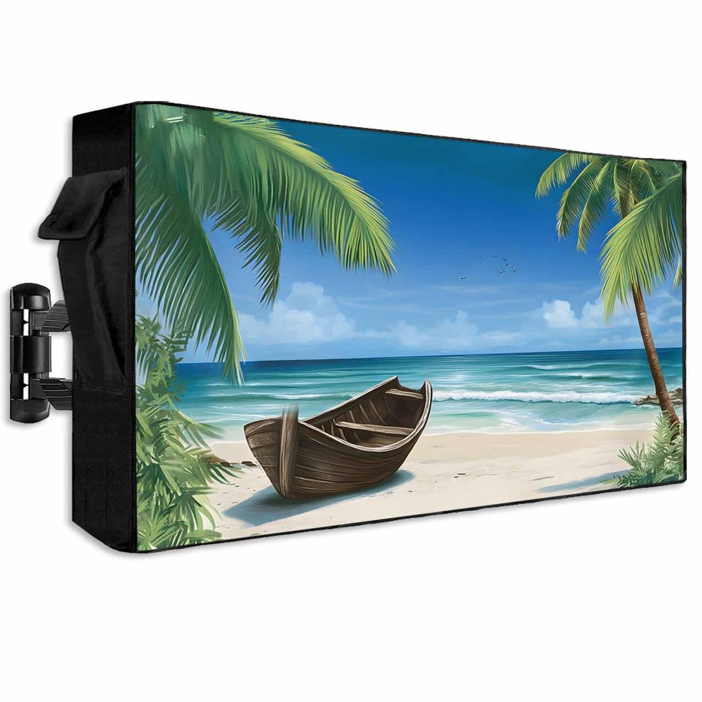 IDOWMAT Outdoor TV Cover,Ocean Beach Palm Tree Blue Sky Waterproof TV Screen Protector,Nature Summer Hawaii Landscape Weatherproof TV Covers with Zipper for Outside Flat Screen Televisions