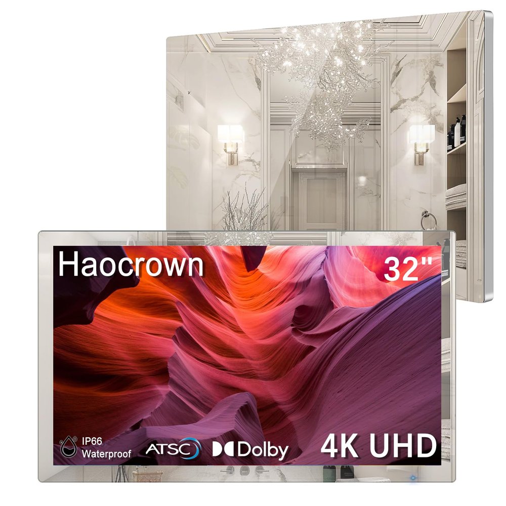 Haocrown 32 Inch 4K Ultra HD Smart Mirror Bathroom TV, IP66 Waterproof Android 13 TV with Voice Remote, Smart Assistant & ATSC Tuner, 2+32GB (Silver Frame 2025 Model)