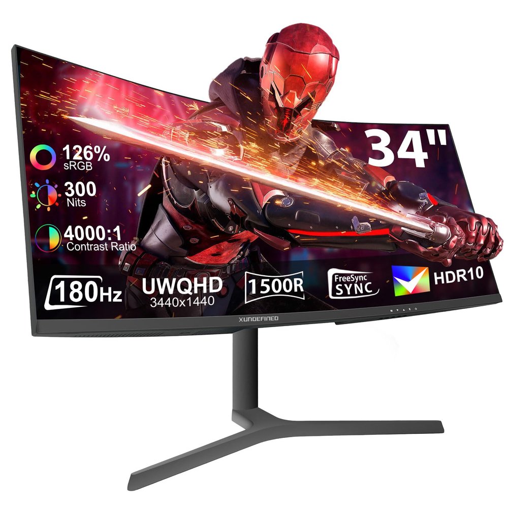 34 Inch Curved Monitor 180Hz, UWQHD 3440x1440p Ultrawide Gaming Monitor 1500R with Speaker, PIP/PBP, 4000:1 Contrast, sRGB126%, HDR, FreeSync & G-SYNC, 1ms(MPRT), HDMI/DP Port, Adjustable Stand, VESA