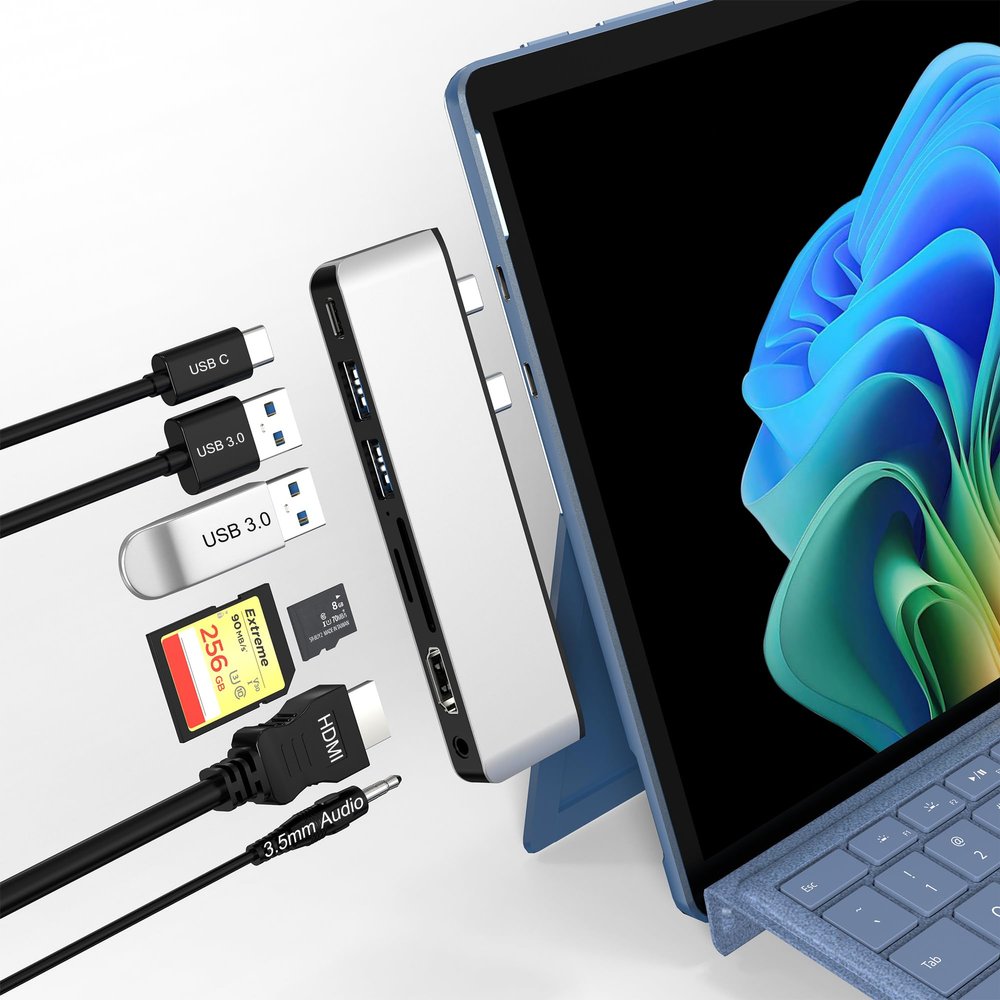 Surface Pro 11/10/9 Docking Station Adapter - 7-in-1 Surface Pro 11 Hub Accessories for Dual Monitor, with 4K HDMI, USB C Thunderbolt 4 (8K/40Gbps/100W PD), 2 USB 3.0, SD/TF Card Reader & 3.5mm Jack
