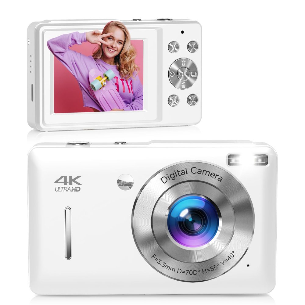 Digital Camera, 44MP FHD 1080P Digital Point and Shoot Camera with Anti Shake, Smile Capture 16X Zoom, Compact Small Camera for Teens Girls Kids Adults(White)