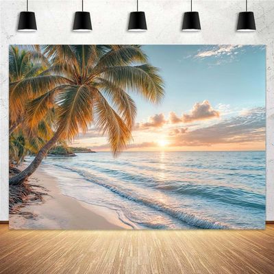 10 x 10 ft Sea Beach Backdrop Seaside Sand Sunrise Landscape Palm Tree Hawaiian Summer Party Holiday Photo Background Backdrop Kids Adults Personal Portrait Wedding Decor Background Studio Props