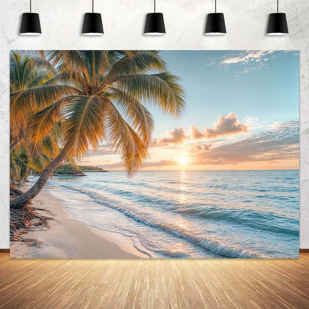 10 x 10 ft Sea Beach Backdrop Seaside Sand Sunrise Landscape Palm Tree Hawaiian Summer Party Holiday Photo Background Backdrop Kids Adults Personal Portrait Wedding Decor Background Studio Props