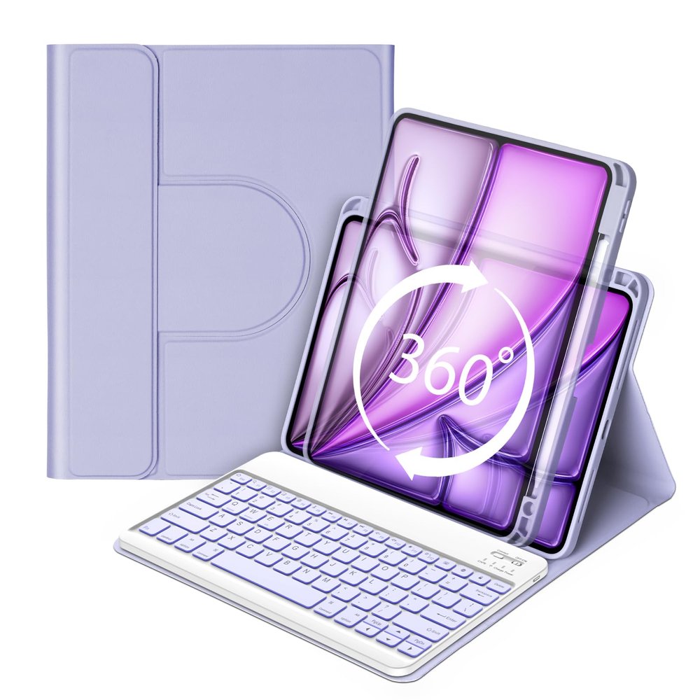 BETTDOW Keyboard Case for iPad Air 13 inch M3 2025/M2 2024,iPad Pro 12.9 inch 6th/5th/4th/3rd Gen,360 Rotating Case and Magnetic Detachable Keyboard with Pencil Holder,Portrait/Landscape Modes-Purple