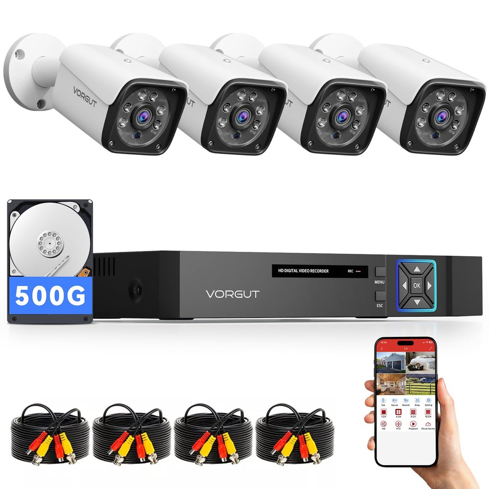 VORGUT Wired Security Camera System Outdoor, 4CH 5MP Lite AHD DVR with 500G Hard Drive, 4 x 3MP Wired CCTV Camera, Indoor/Outdoor Surveillance DVR Kit with Human Detection, Night Vision