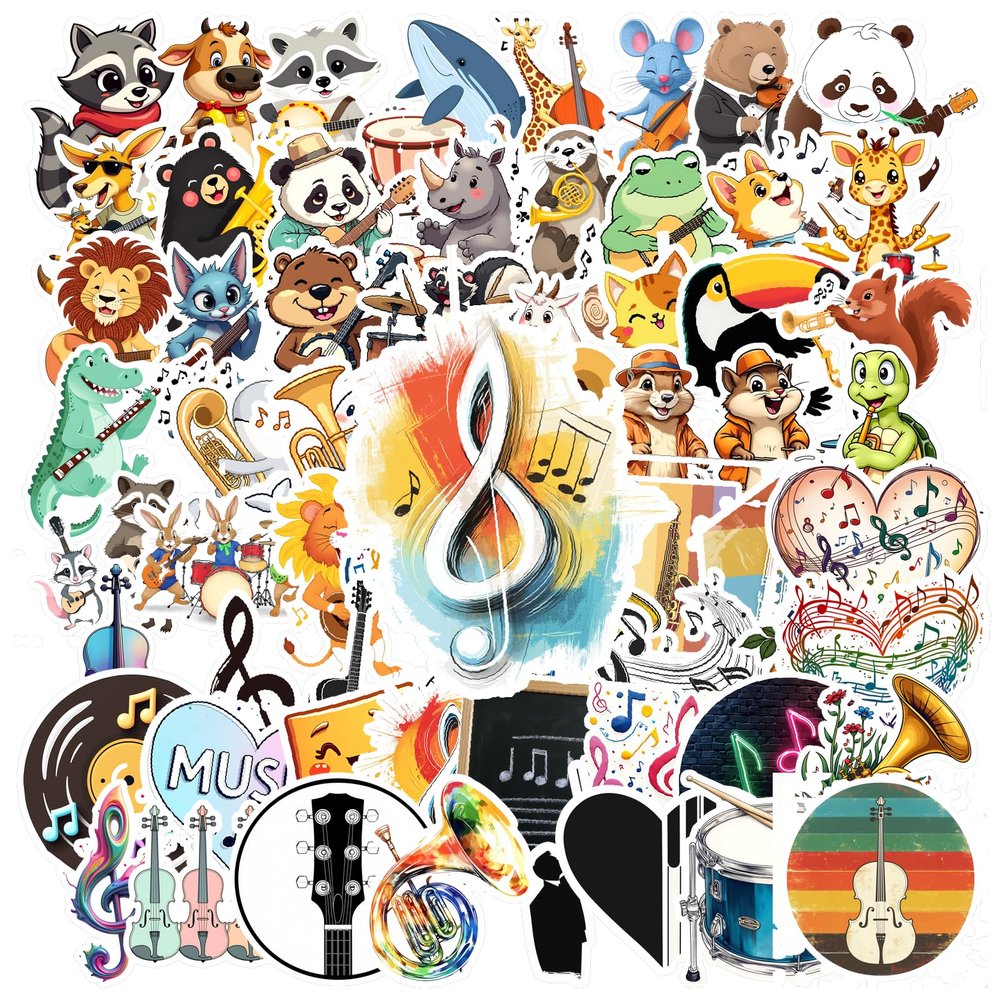 100Pcs Cartoon Music&Animals Stickers, Waterproof Musical Instrument Sticker for Water Bottle Laptop Phone Cases Planner Skateboard Luggage Helmet Party Favor Decor, Ideal for Adults Teens