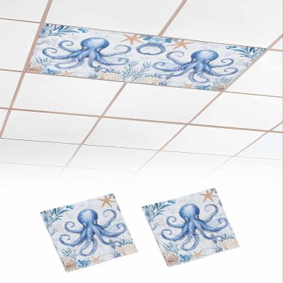 2 PCS Fluorescent Light Covers - Underwater Octopus Starfish Shell Magnetic Light Filters for Ceiling Light,Watercolor Ocean Seaweed Light Shade Panel for Office Classroom Home Decor,4 x 2 Feet