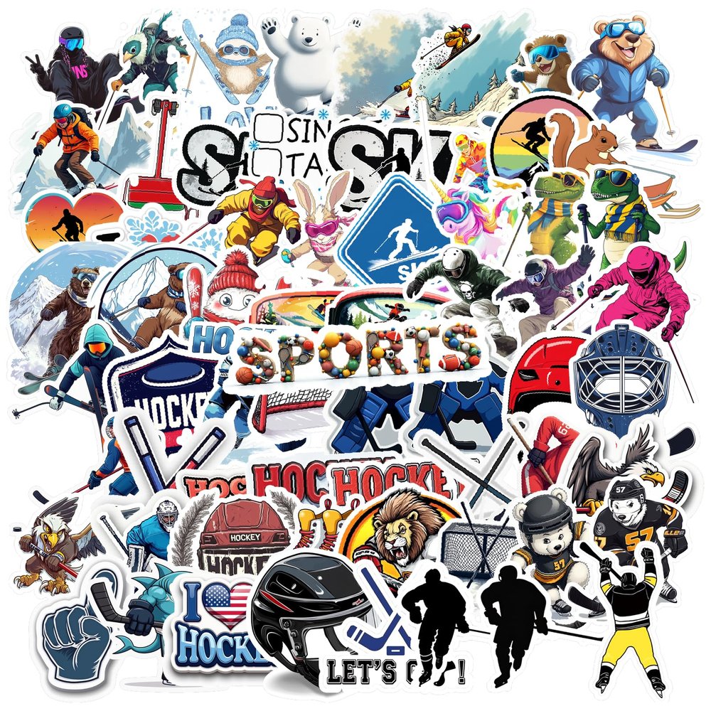 100Pcs Waterproof Hockey&Ski Stickers, Waterproof Sport Sticker for Water Bottle Laptop Phone Cases Planner Skateboard Luggage Helmet Party Favor Decor, Ideal for Adults Teens Teacher Rewards
