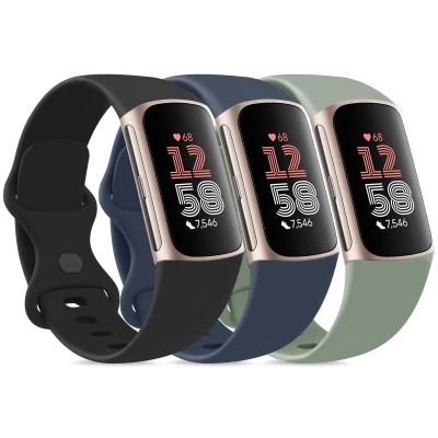 3 Pack Bands for Fitbit Charge 6 / Charge 5 Bands Women Men, Soft Silicone Waterproof Adjustable Wristband Replacement Sport Straps for Fitbit Charge 5 / Charge 6 Fitness Tracker (Black+AbyssBlue+Green, Large)