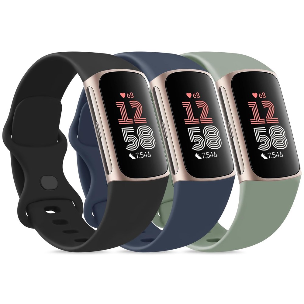 3 Pack Bands for Fitbit Charge 6 / Charge 5 Bands Women Men, Soft Silicone Waterproof Adjustable Wristband Replacement Sport Straps for Fitbit Charge 5 / Charge 6 Fitness Tracker (Black+AbyssBlue+Green, Large)