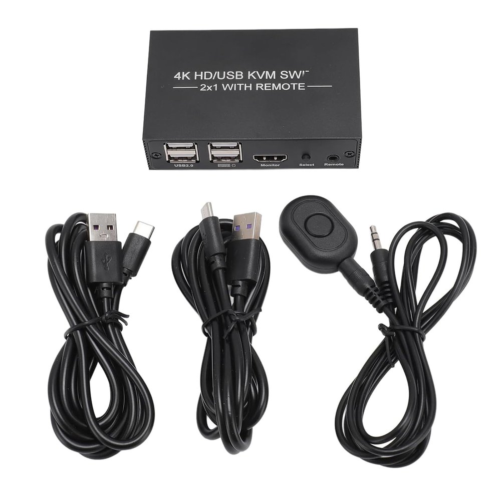 HDMI KVM Switch, 4 USB 2.0 Ports 1 Monitors 2 Computers 4K@60Hz, HDMI Switcher with 2 USB Cables for Home Theater, Gaming and Entertainment