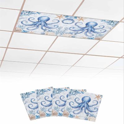 4 PCS Fluorescent Light Covers - Underwater Octopus Starfish Shell Magnetic Light Filters for Ceiling Light,Watercolor Ocean Seaweed Light Shade Panel for Office Classroom Home Decor,4 x 2 Feet