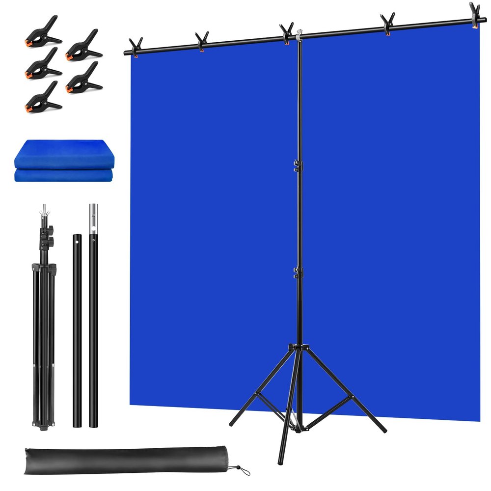 Blue Screen Backdrop Kit, Portable Bluescreen Background with T-Shaped Stand, 5 Clamps & Carrying Bag for Photography, Streaming, Zoom, Gaming, (Blue, 6.5 Feet X 5.0 Feet)