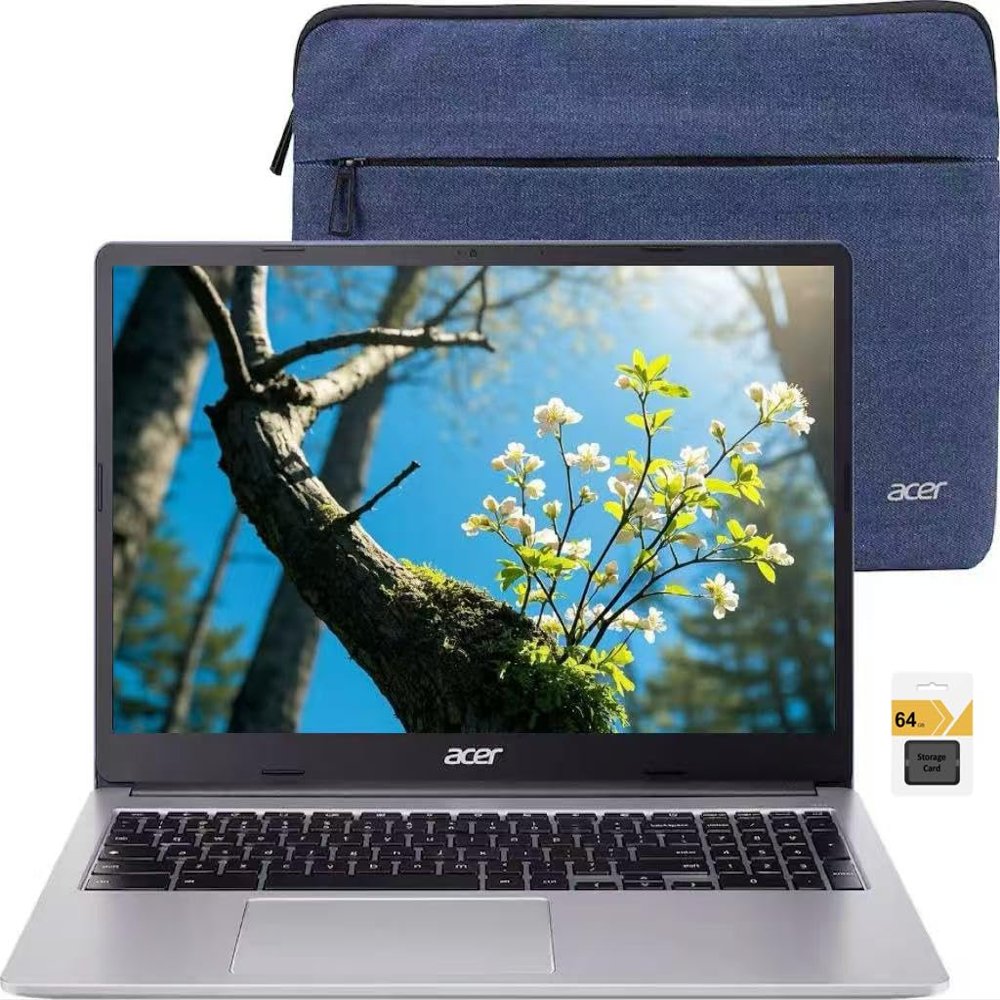 acer Chromebook 315 Laptop, 15.6" HD Laptop, Intel Pentium N6000, 4-Core, 4GB LPDDR4X, 128GB eMMC, Webcam, WiFi 6, Chrome OS, Protective Sleeve, Silver, TWE 64GB Micro SD Card