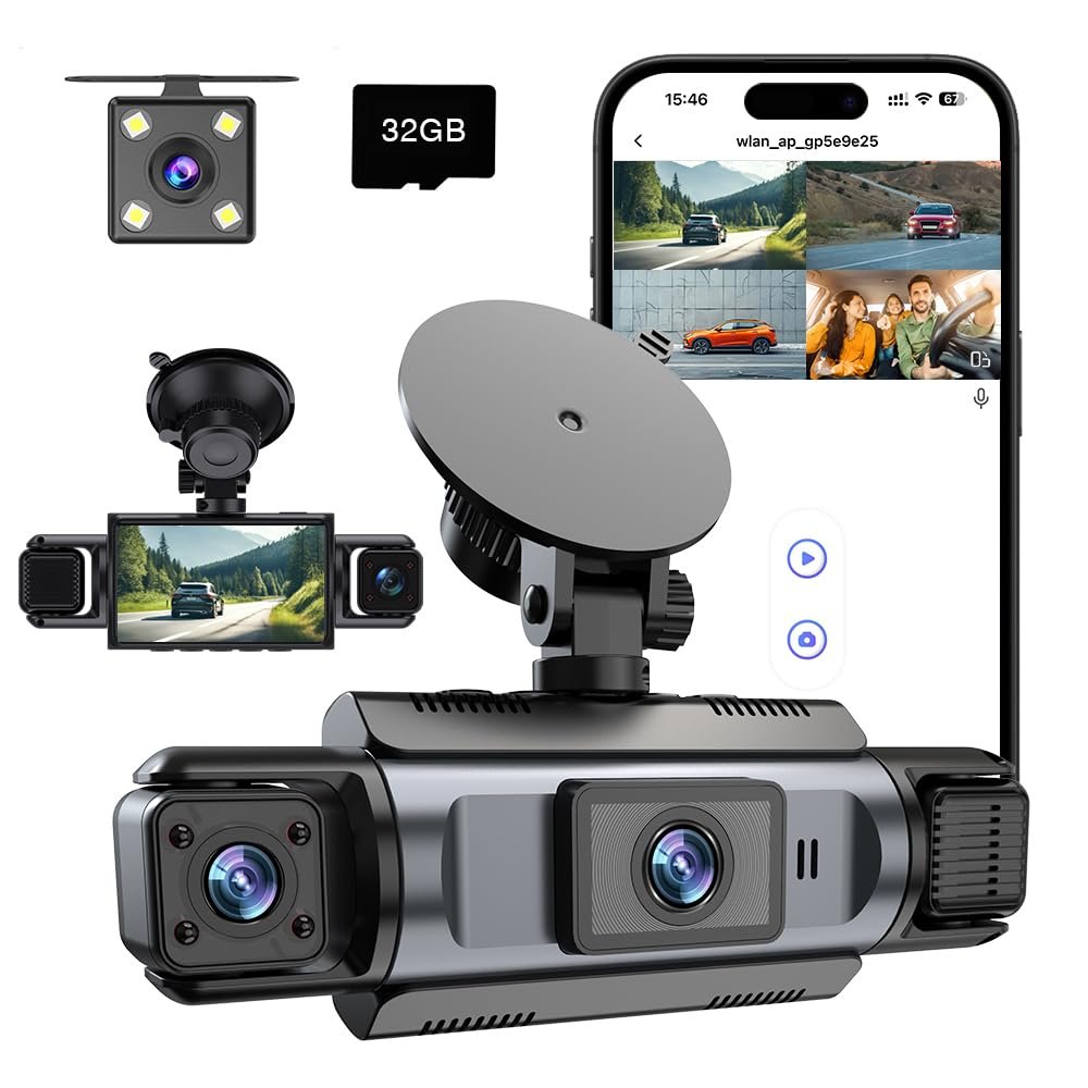 4 Channel WiFi Dash Cam with 32GB Card, 4 * 1080P Dash Camera for Cars Front and Rear Left Right,3IPS Screen Dashcam with 360 Surveillance APP Control, 24H/7 Parking Mode,Night Vision G-Sensor