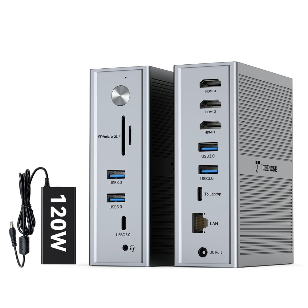 TobenONE DisplayLink Docking Station 3 Monitors, 14-in-1 Triple Monitor Dock for M1-M5 MacBook/Mac mini, Windows, Chrome (3HDMI, 120W Power Supply, 5 USB, Home Office & Professional Workspace