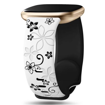 Two-Tone Floral Engraved Band Compatible with Fitbit Versa 3/4/ Sense 2 Bands, Cute Flower Soft Silicone Sport Strap Bracelet Wrist Band for Fitbit Sense/Versa 3/4 Women Men