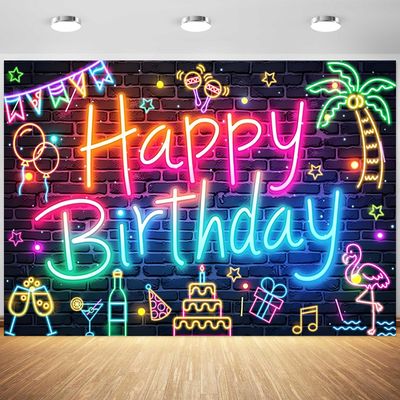 10x8ft Neon Happy Birthday Backdrop Glow in The Dark Brick Wall Funny Graffiti Colorful Painting Photography Background Birthday Party Banner Decorations Supplies Photo Studio Props