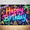 10x8ft Neon Happy Birthday Backdrop Glow in The Dark Brick Wall Funny Graffiti Colorful Painting Photography Background Birthday Party Banner Decorations Supplies Photo Studio Props view 1