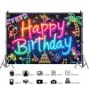 10x8ft Neon Happy Birthday Backdrop Glow in The Dark Brick Wall Funny Graffiti Colorful Painting Photography Background Birthday Party Banner Decorations Supplies Photo Studio Props view 2