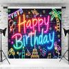 10x8ft Neon Happy Birthday Backdrop Glow in The Dark Brick Wall Funny Graffiti Colorful Painting Photography Background Birthday Party Banner Decorations Supplies Photo Studio Props view 3