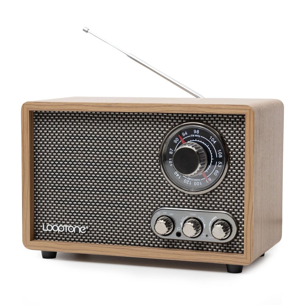 LoopTone AM FM Radio for Home,Bluetooth in/Out Retro Wood Radios with AUX in,Headphone Jack, Vintage Table Radio with Treble Bass Control for Kitchen Living Room with Rotary Knob