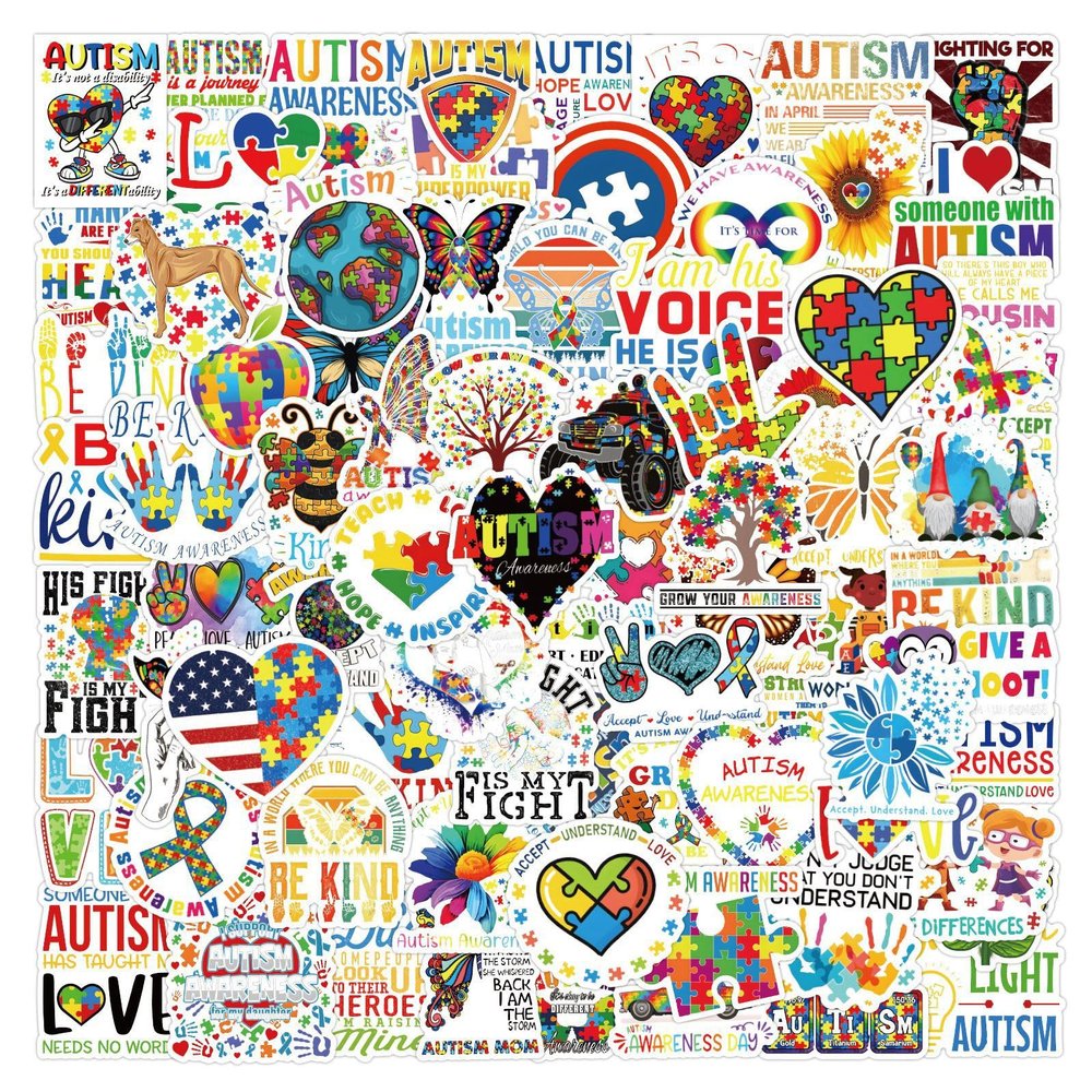 100Pcs Distinct Autism Awareness Stickers Pack, Vinyl Decals in Bulk for Water Bottles, Laptops, Phones, Skateboards, Journaling, and Party Supplies for Kids Adults (Autism)
